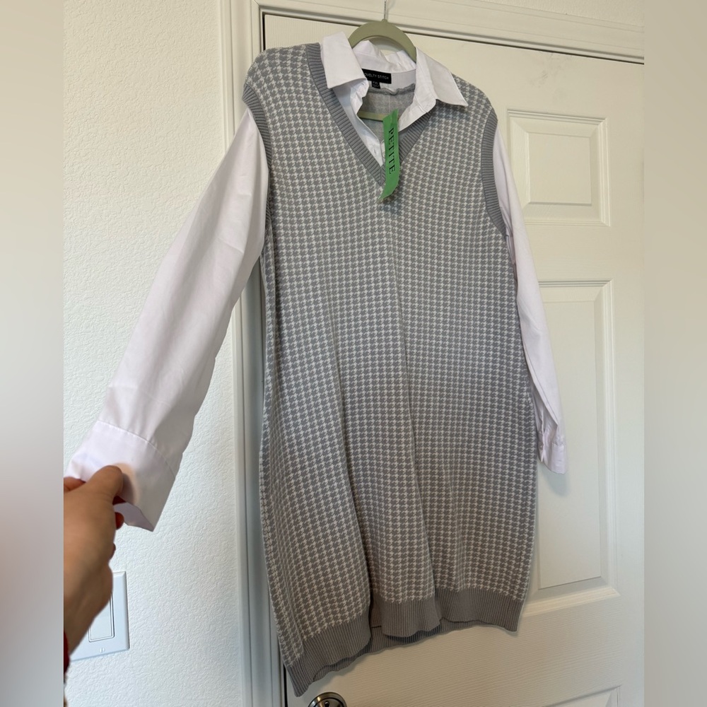 Midi Sweater Dress with White Shirt Detail